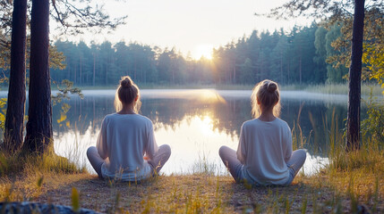 Two partners practicing seated twist yoga at a serene nature reserve during sunrise by the lake