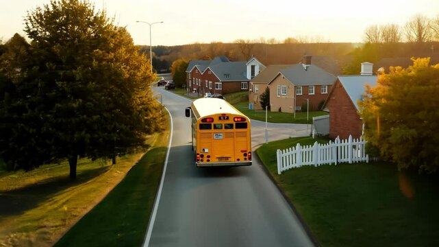 Yellow school bus drives down suburban road. Childhood community. Education, transportation. Transport takes students from home to educational institution. Residential area with houses.