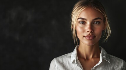 Portrait of young woman with long blonde hair and light skin, wearing white shirt, dark background