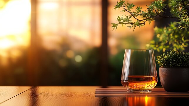 Japanese whisky in crystal glass, polished wood counter, rich amber hues, soft blurred background, highend sophistication