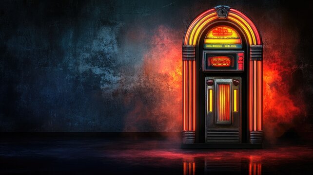 Vintage illuminated jukebox against dark background, glowing in red and orange hues