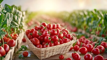 Overflowing basket of vibrant red tomatoes on rustic wooden table, a still life of freshness