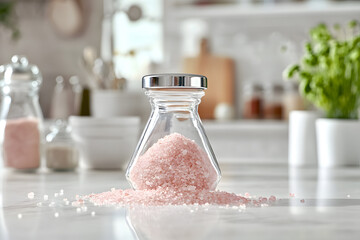 Salt shaker with pink Himalayan salt in a kitchen