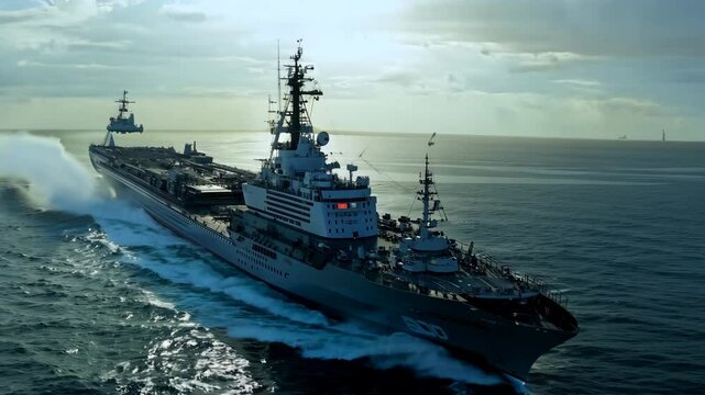Powerful battleship navigates open sea waters, leaving trail of foam wake. War battle Ship, advanced naval technology. Ocean surface. Strength, authority. Military naval engineering. Big warship float