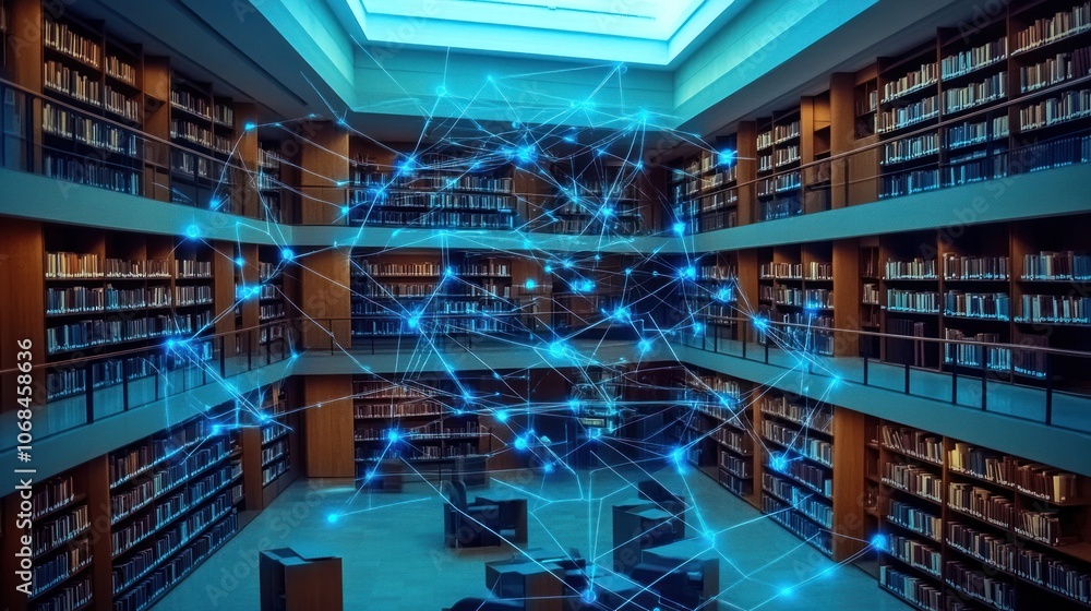 Poster a large library with bookshelves filled with books, with a blue glowing digital network of lines and