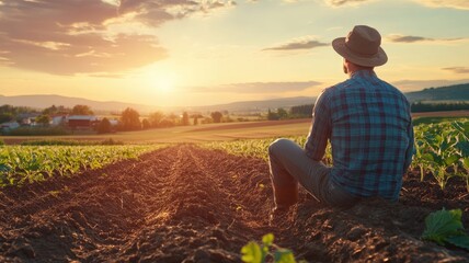 Fototapeta premium Farmer in hat sits field at sunset, reflecting