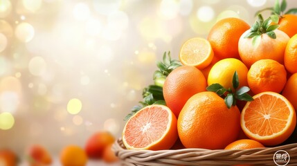 A rustic basket of fresh oranges and lemons, burst of citrus colors on wooden table