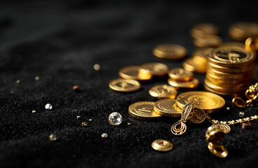 Vintage Gold Coins And Diamond Jewelry On Dark Velvet Background 