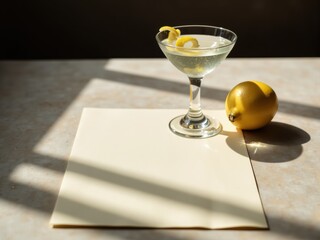 blank paper menu mockup with martini glass with lemon on light stone surface; natural light, muted earthy tones, black background; calm, sophisticated style