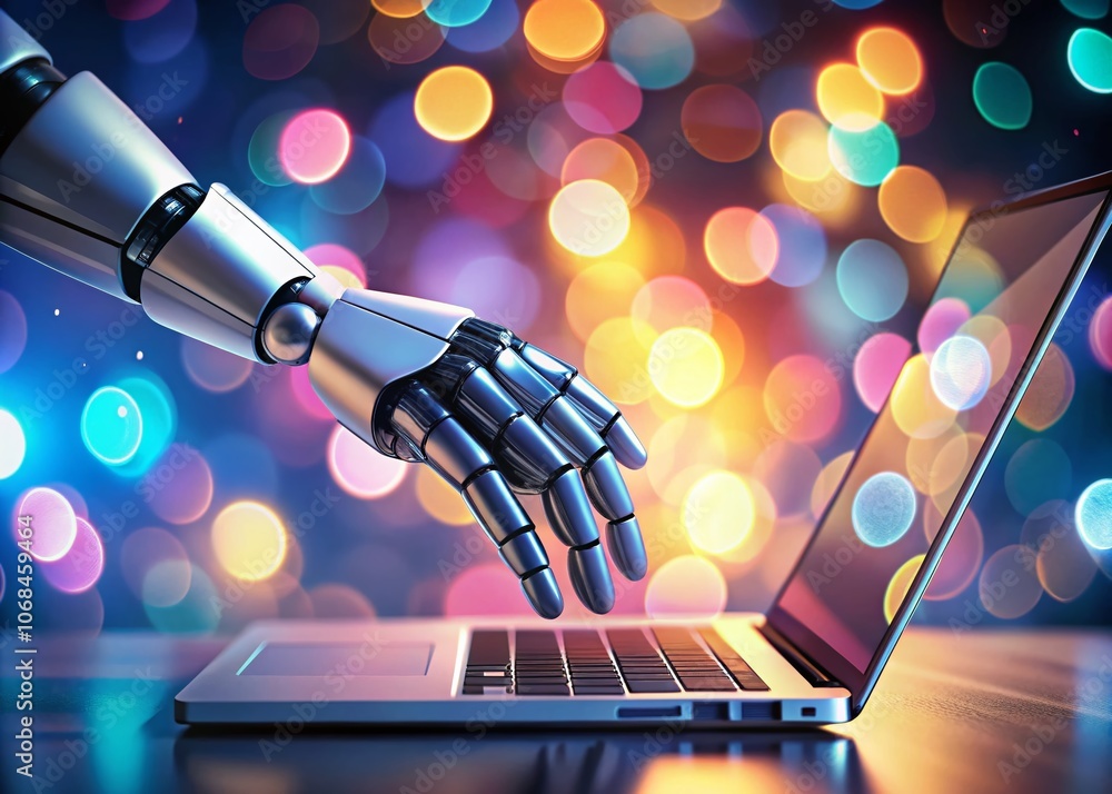 Poster vector graphic of a robotic hand typing on a laptop surrounded by a beautiful bokeh effect, showcasi