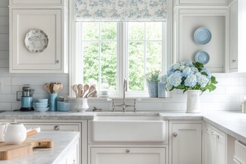 A White Kitchen Sink with Blue Flowers and White Cabinets