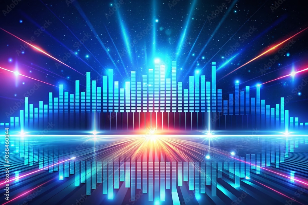 Poster vibrant 3d illustration of a frequency spectrum with blue sound wave equalizer and light stripes in 