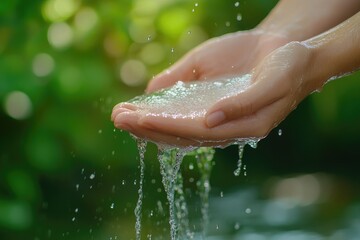 Fototapeta premium A person is gently holding a steady stream of water in their hands