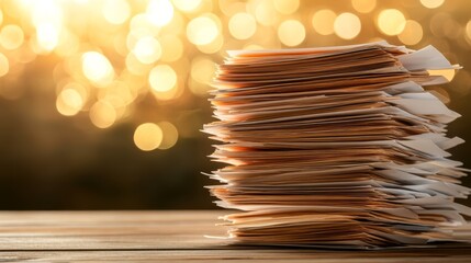 Warm bokeh lights illuminate a stack of papers on wooden table, creating serene workspace