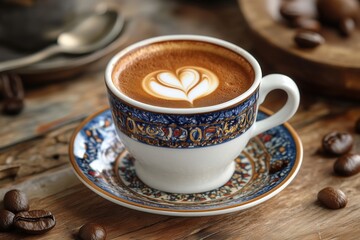 Traditional Turkish coffee in a white cup on a wooden table with coffee beans