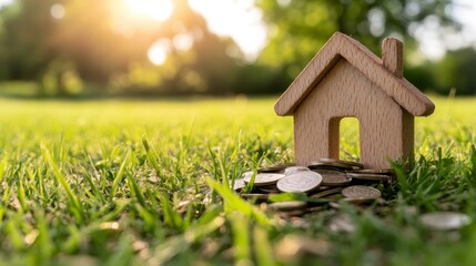 Small wooden house on a stack of coins, symbol of financial security and home investment