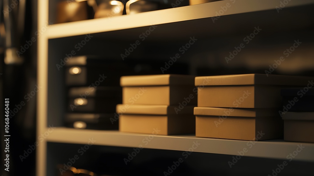 Poster a neatly organized shelf displaying various boxes, some stacked, with a warm glow highlighting their