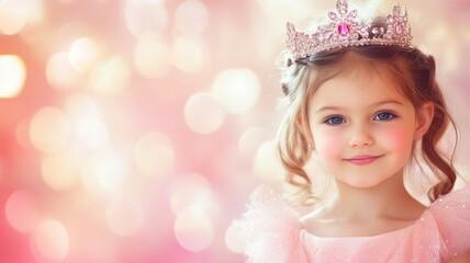 Fototapeta premium Young Caucasian girl in pink dress and tiara, smiling soft, sparkling background
