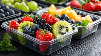 Closeup of reusable containers filled with a variety of fresh organic fruits including strawberries blueberries blackberries and kiwi arranged on a rustic wooden table