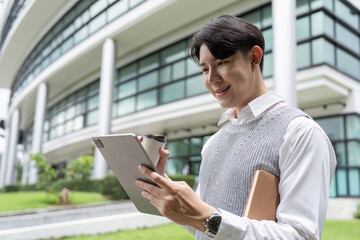 Tech-Savvy Professional Engaging with Tablet at Corporate Complex