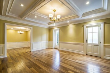Obraz premium Unfinished Raw and Newly Remodeled Room Transformation Featuring Light Yellow Paint, Wood Floors, Modern Moulding, and Elegant Ceiling Lights Before and After Comparison
