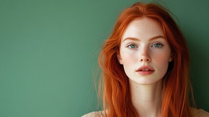 Fototapeta premium Young woman with red hair, light skin, and freckles against green background