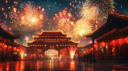 Fototapeta premium Colorful fireworks and lanterns illuminating a Chinese temple on Chinese New Year, symbolizing joy and tradition..