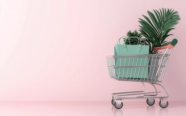 Online shopping cart filled with sustainable items, Green Monday discount banner