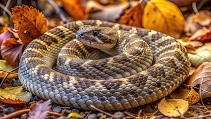 Naklejka premium Rattlesnake coiled in leaves near the Grand Canyon of the Tuolumne Trail , wildlife, snake, nature, coiled
