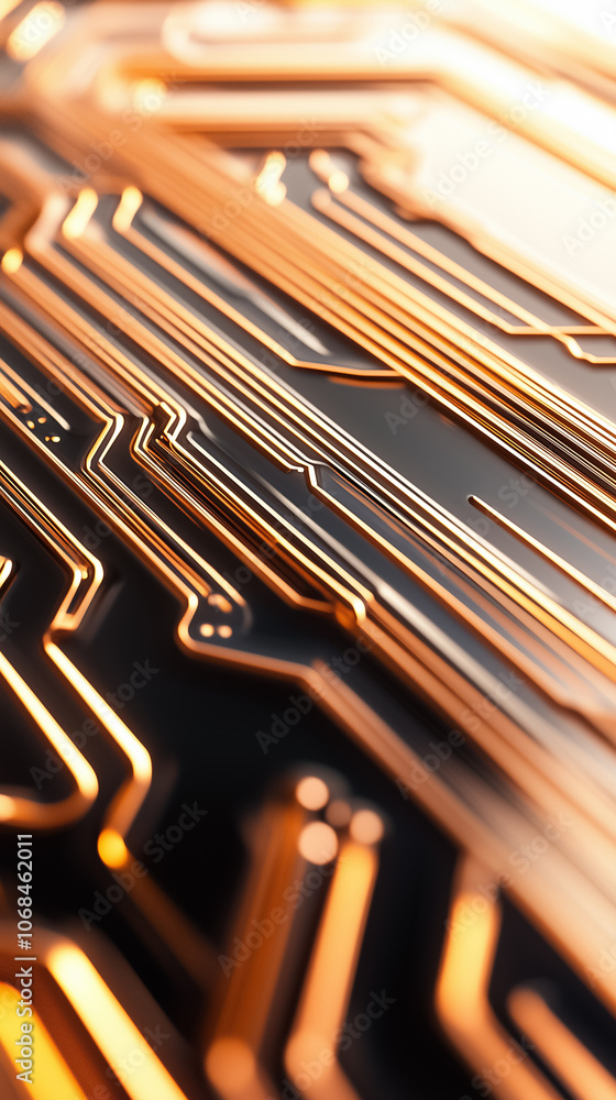 Poster close view of a circuit board displaying complex copper pathways illuminated in warm tones, emphasiz