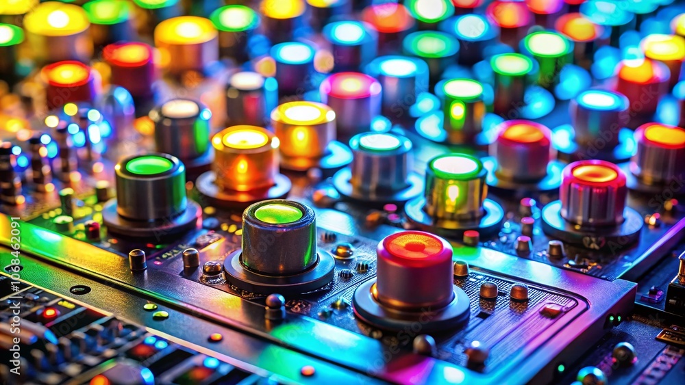 Poster vibrant color leds, intricate buttons, and wires for innovative electronics device design showcasing
