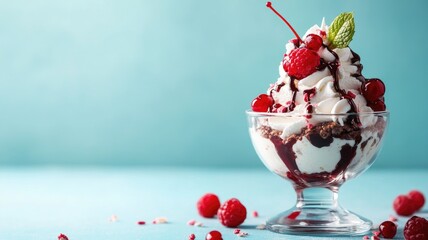 Cherry-topped sundae with whipped cream, nuts, and mint garnish