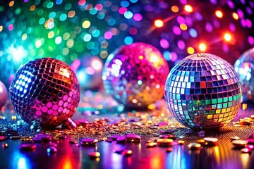 Obraz premium Vibrant Disco Party Background, Colorful Vector Illustration Featuring Macro Photography Elements Like Glitter Balls and Neon Lights for a Fun Atmosphere