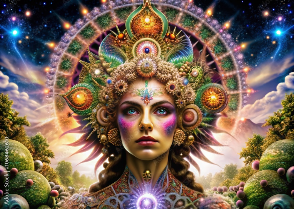Poster vibrant dmt art with intricate patterns and high depth of field, capturing cosmic imagery in colorfu
