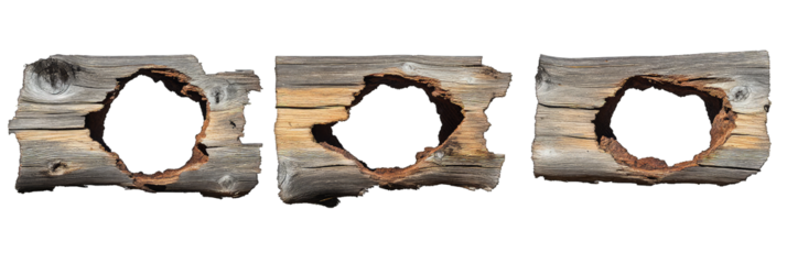 Collection of Hole breaking through wooden wall isolated on transparent background
