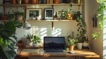 A clean, clutter-free workspace in a small home, featuring a laptop, plants, and shelves organized with minimal decor, representing an efficient downsizing approach.