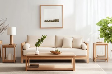 Cozy Scandinavian Style Living Room with Warm Wood Accents and Minimalist Design