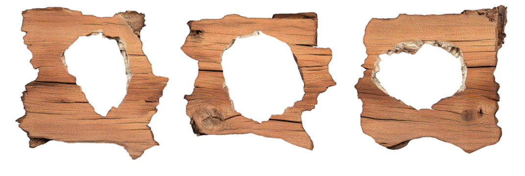 Collection of Hole breaking through wooden wall isolated on transparent background