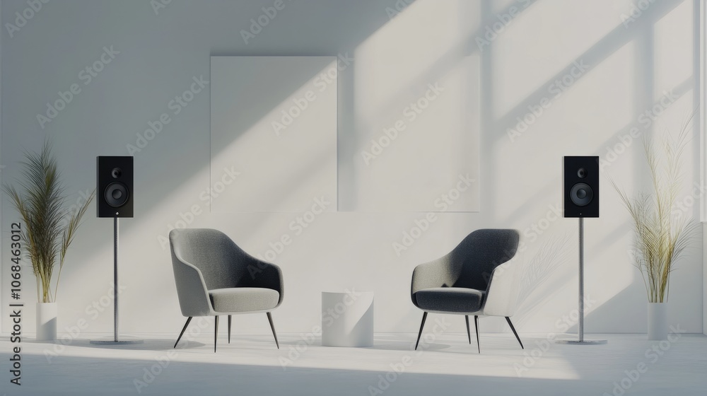 Poster minimalist podcast recording setup with two chairs, blank background offering ample space for copy o