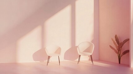 Minimalist podcast setup with two chairs, clean background for easy branding or media use, with open space for text or graphics.