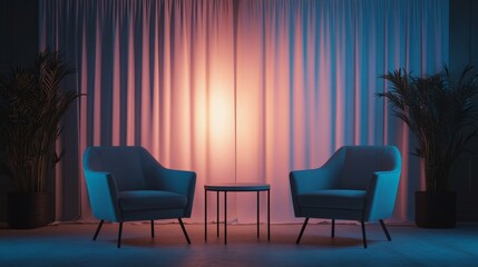 Minimalist podcast studio with two chairs, soft lighting, blank background, ideal for adding media copy or logos.