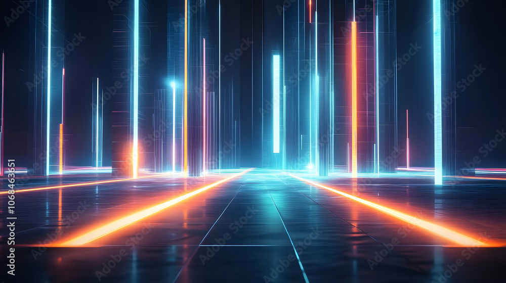 Poster futuristic digital landscape featuring glowing lines and columns of light, representing advanced tec