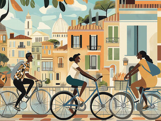Three Black travelers ride bicycles, laughing as they explore a picturesque European city filled with charming architecture and iconic landmarks