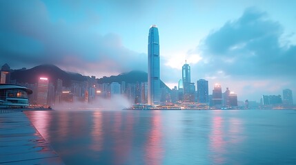 Obraz premium Explore the stunning skyline of hong kong at dawn with reflections on the water