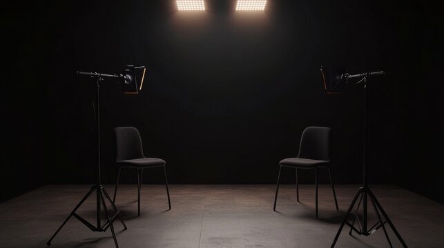 Podcast studio with minimal background, two chairs under soft lights, perfect open space for text overlays or branding.
