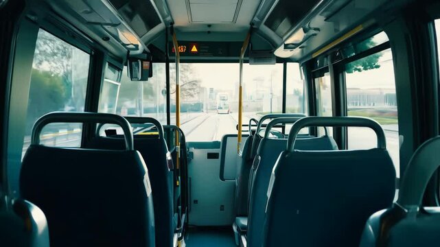 Interior of modern empty bus, rows of blue seats. Passengers area. Travel inside minibus cabin. City transportation. Daily commuting, public transit, urban life.