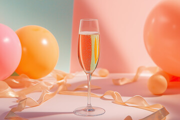 Champagne Glass Surrounded by Balloons and Ribbons, Celebratory Party Scene with Pastel Background