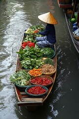 Obraz premium Thai woman buying fresh herbs and spices from a vendor, aromatic basil and chili peppers filling the air,