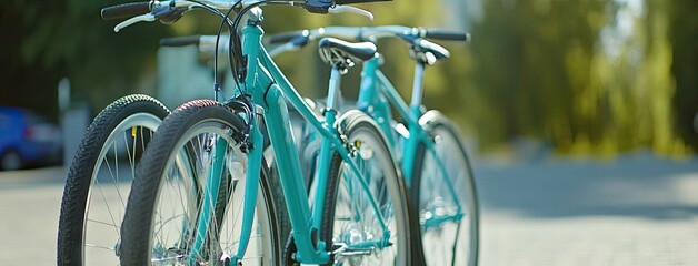 Electric mountain bikes bask in sunlight outside a vibrant e-bike shop on a beautiful summer day, showcasing a thrilling urban lifestyle