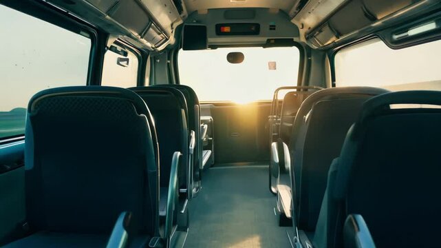 Interior of modern empty bus, rows of blue seats. Passengers area. Travel inside minibus cabin. City transportation. Daily commuting, public transit, urban life.